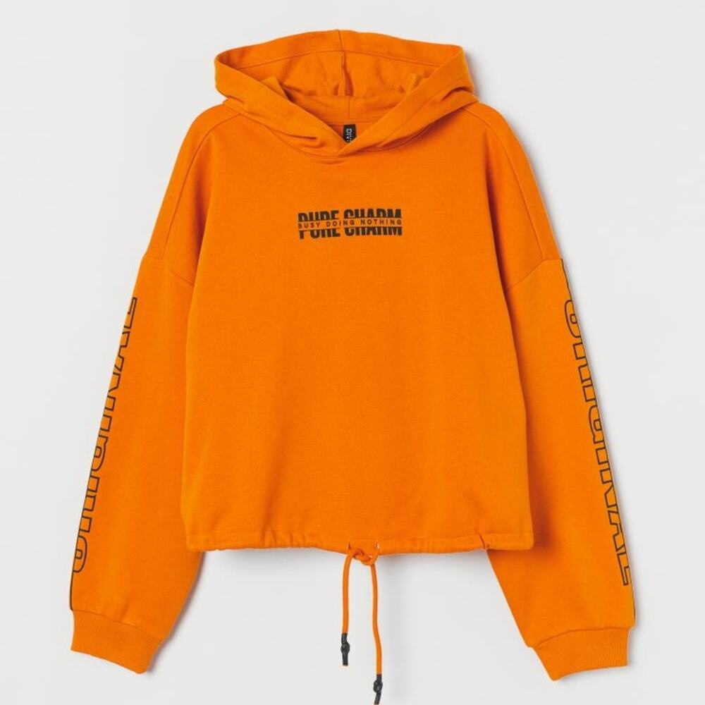 H & M‎ Divided Orange Printed Drawstring Crop Hoodie SZ XS